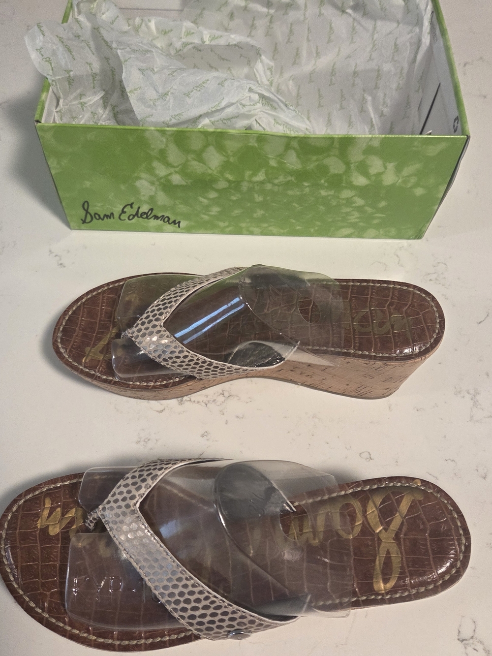 Sam Edelman Silver Snake-Embossed Cork Platform Thong Sandals
